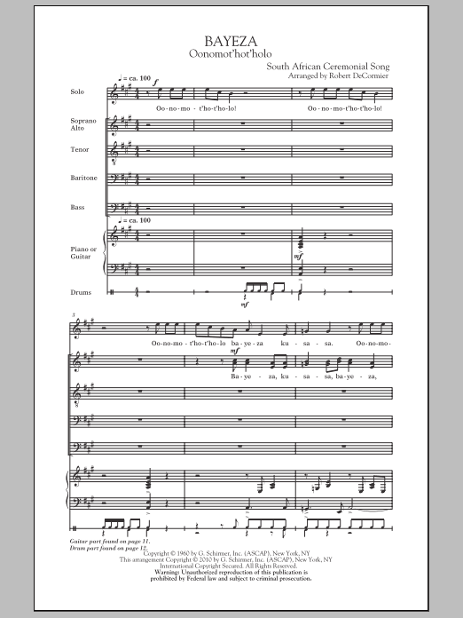 Robert DeCormier Bayeza (Oonomot'hot'holo) sheet music notes and chords arranged for SATB Choir