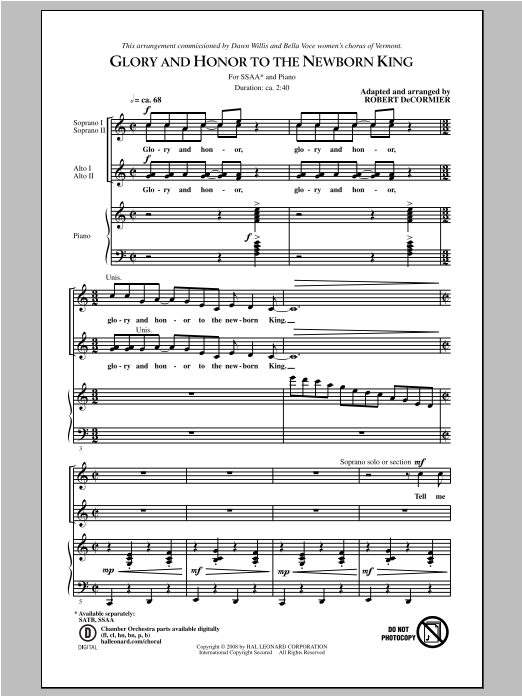 Robert DeCormier Glory and Honor To The Newborn King sheet music notes and chords arranged for SSA Choir