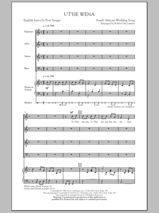 Robert DeCormier Ut'he Wena sheet music notes and chords arranged for SATB Choir