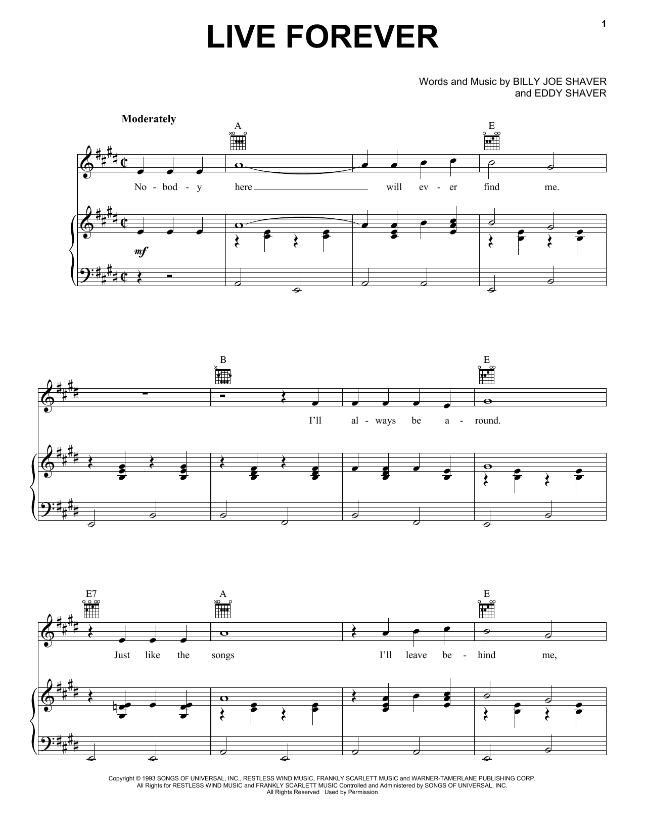 Robert Duvall Live Forever sheet music notes and chords arranged for Piano, Vocal & Guitar Chords (Right-Hand Melody)