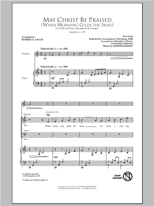 Robert E. Grass May Christ Be Praised sheet music notes and chords arranged for SATB Choir