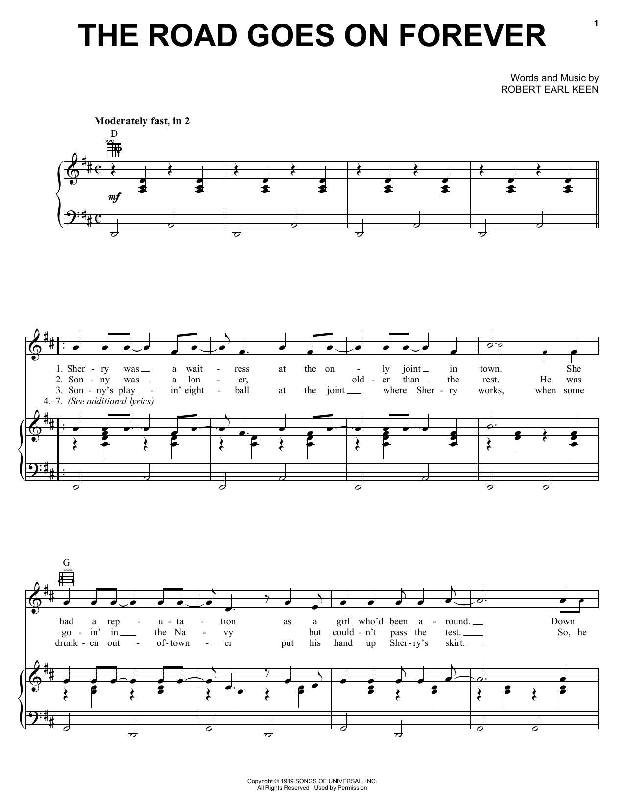 Robert Earl Keen The Road Goes On Forever sheet music notes and chords arranged for Piano, Vocal & Guitar Chords (Right-Hand Melody)