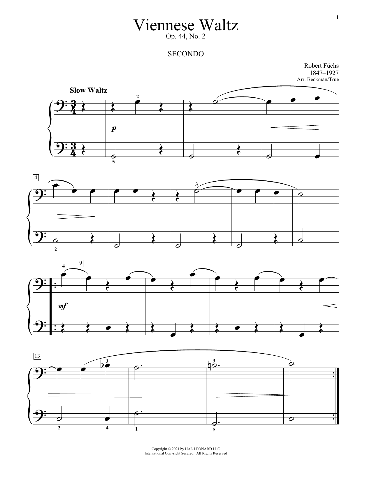 Robert Fuchs Viennese Waltz, Op. 44, No. 2 sheet music notes and chords arranged for Piano Duet