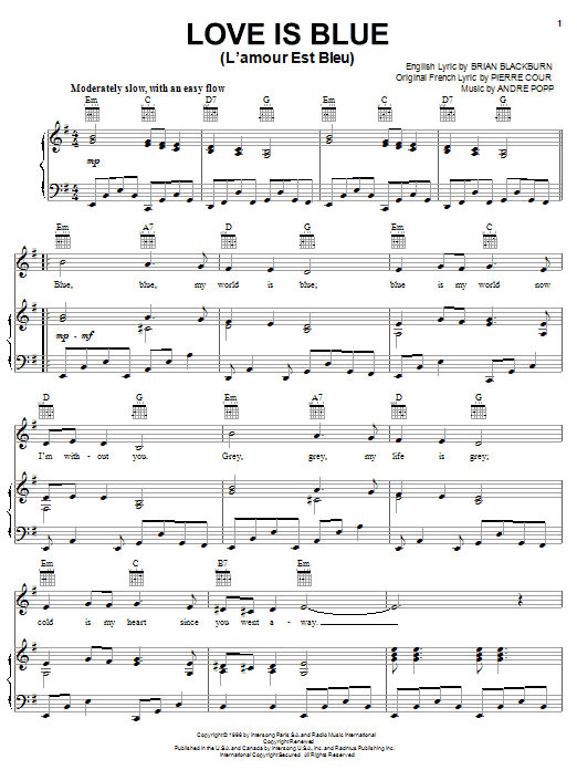 Robert Goulet Love Is Blue (L'amour Est Bleu) sheet music notes and chords arranged for Piano Solo