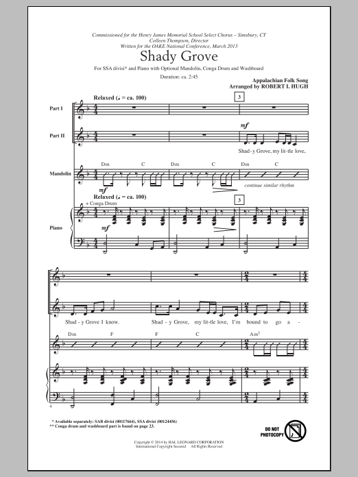 Robert Hugh Shady Grove sheet music notes and chords arranged for SSA Choir
