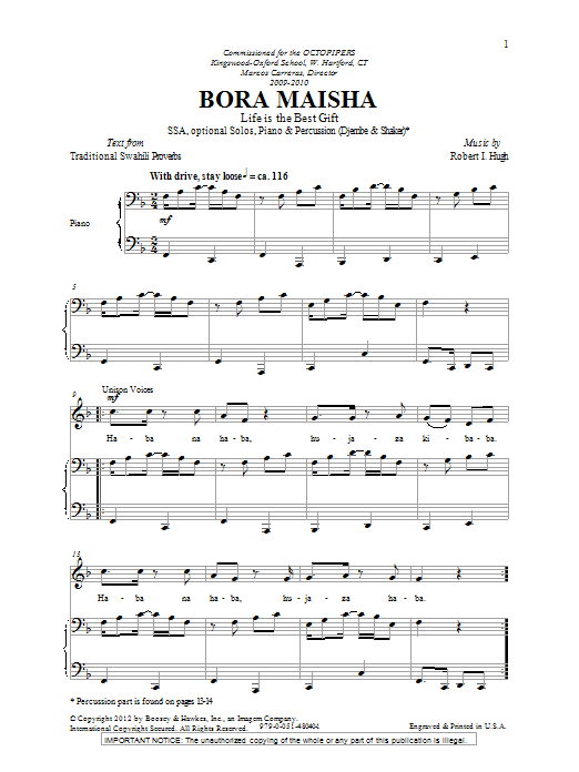 Robert I. Hugh Bora Maisha sheet music notes and chords arranged for SSA Choir