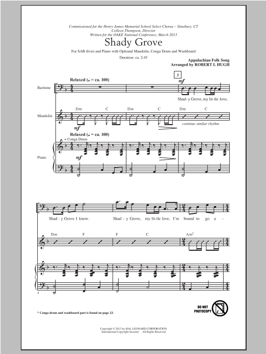 Robert I. Hugh Shady Grove sheet music notes and chords arranged for SAB Choir