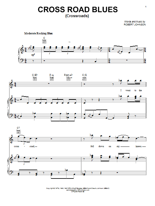 Robert Johnson Cross Road Blues (Crossroads) sheet music notes and chords arranged for Piano, Vocal & Guitar Chords (Right-Hand Melody)