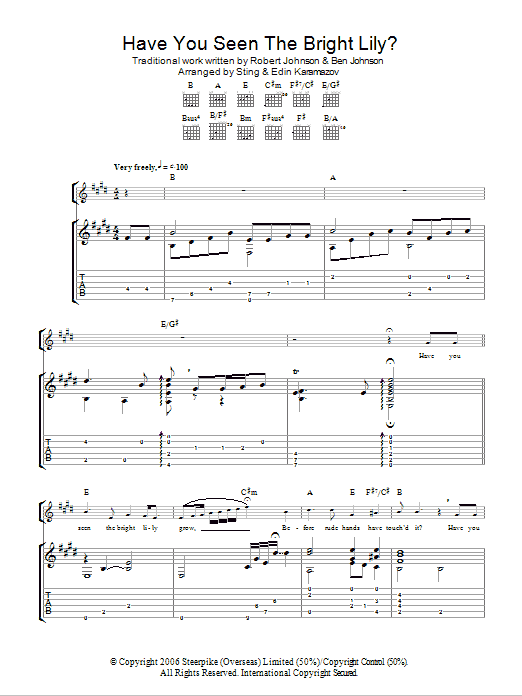 Robert Johnson Have You Seen The Bright Lily? (as performed by Sting and Edin Karamazov) sheet music notes and chords arranged for Guitar Tab