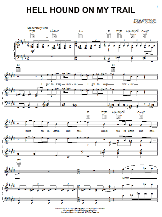 Robert Johnson Hell Hound On My Trail sheet music notes and chords arranged for Piano, Vocal & Guitar Chords (Right-Hand Melody)