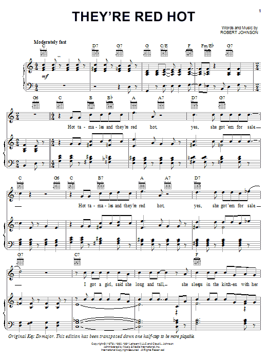Robert Johnson They're Red Hot sheet music notes and chords arranged for Piano, Vocal & Guitar Chords (Right-Hand Melody)