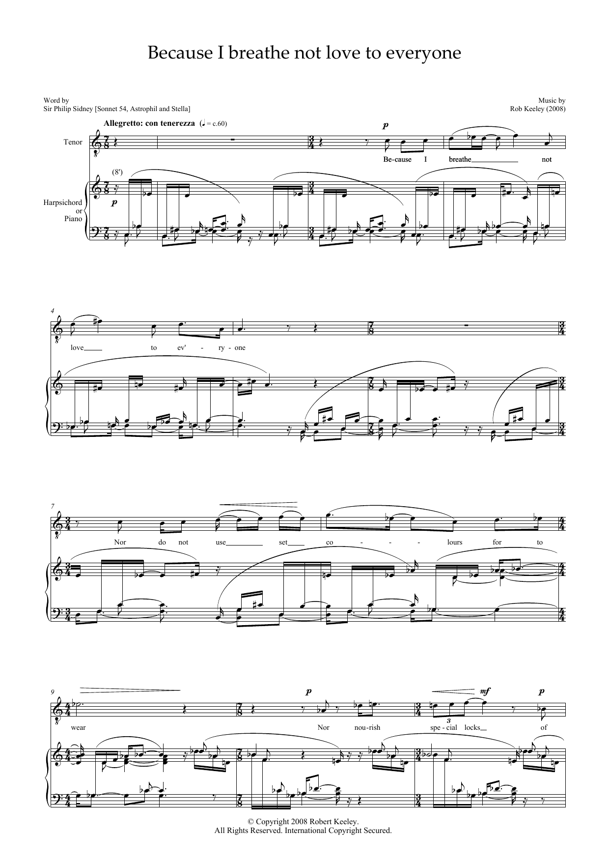Robert Keeley Because I breathe not love to everyone (for tenor and harpsichord) sheet music notes and chords arranged for Piano & Vocal