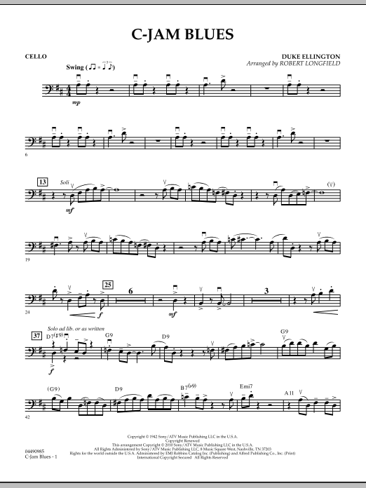 Robert Longfield C-Jam Blues - Cello sheet music notes and chords arranged for Orchestra