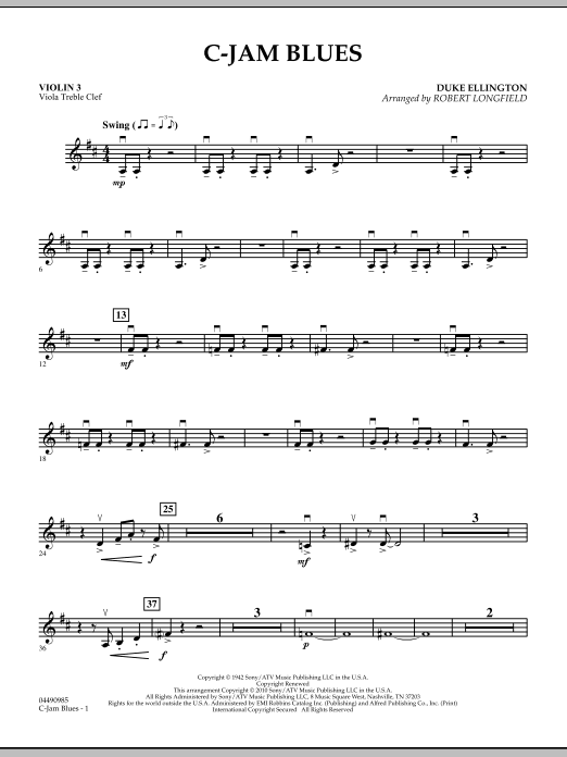 Robert Longfield C-Jam Blues - Violin 3 (Viola Treble Clef) sheet music notes and chords arranged for Orchestra
