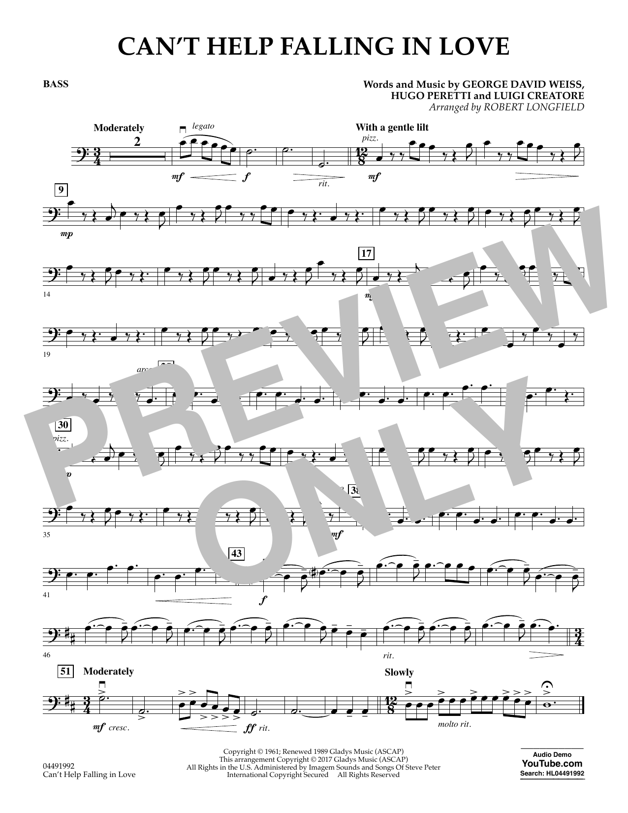Robert Longfield Can't Help Falling in Love - Bass sheet music notes and chords arranged for Orchestra