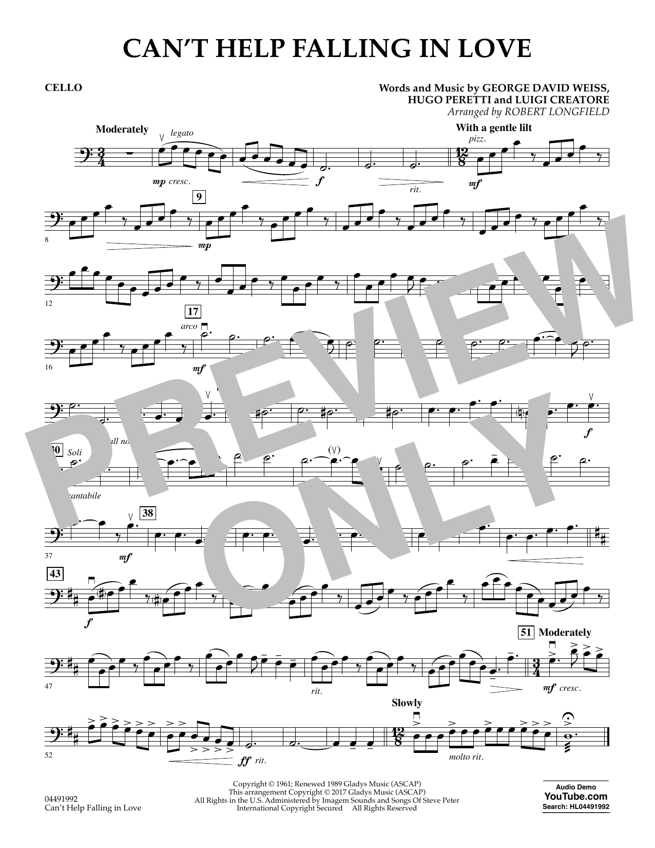 Robert Longfield Can't Help Falling in Love - Cello sheet music notes and chords arranged for Orchestra