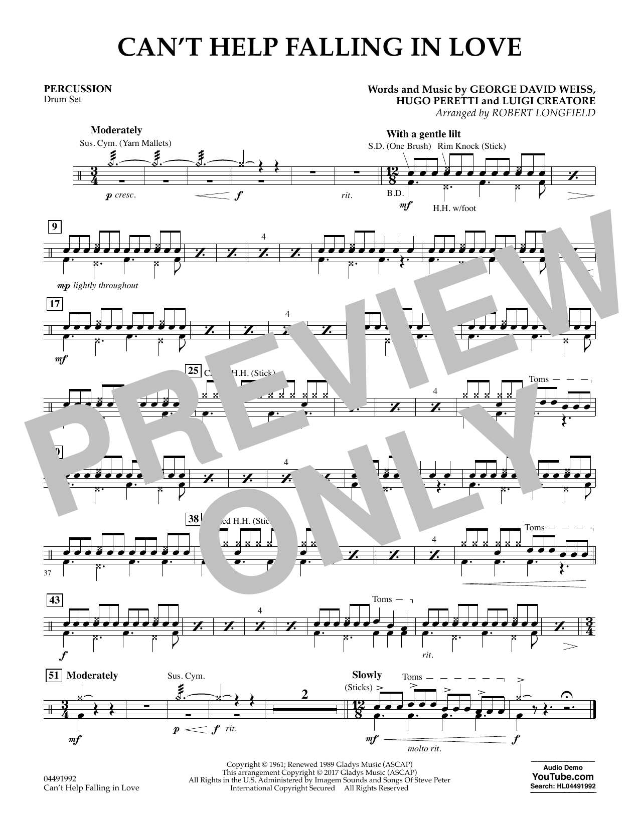 Robert Longfield Can't Help Falling in Love - Percussion sheet music notes and chords arranged for Orchestra