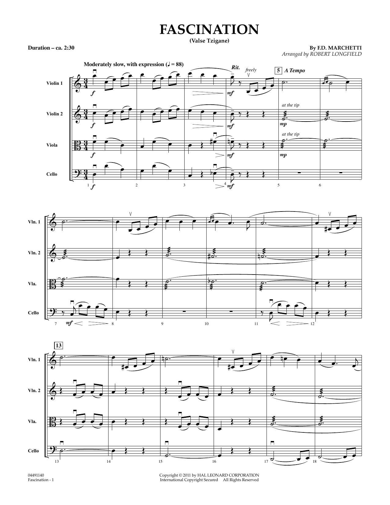 Robert Longfield Fascination (Valse Tzigane) - Conductor Score (Full Score) sheet music notes and chords arranged for String Quartet