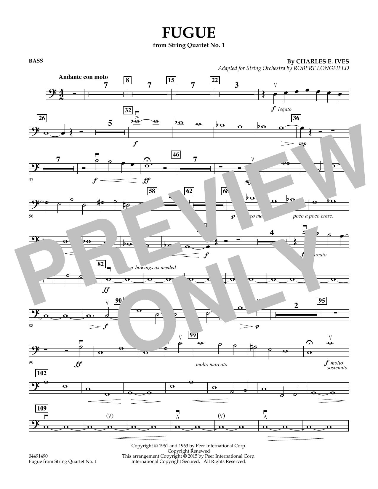 Robert Longfield Fugue from String Quartet No. 1 - Bass sheet music notes and chords arranged for Orchestra