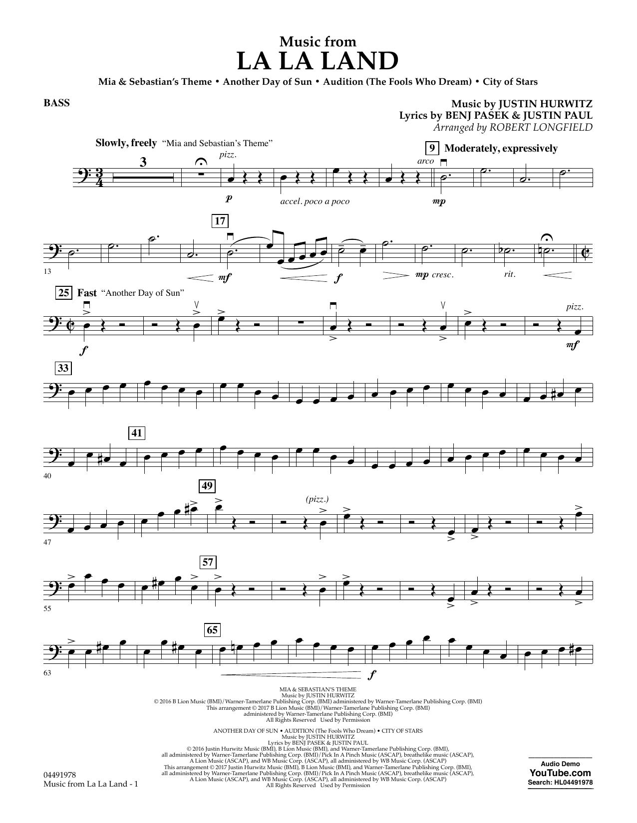 Robert Longfield Music from La La Land - Bass sheet music notes and chords arranged for Orchestra