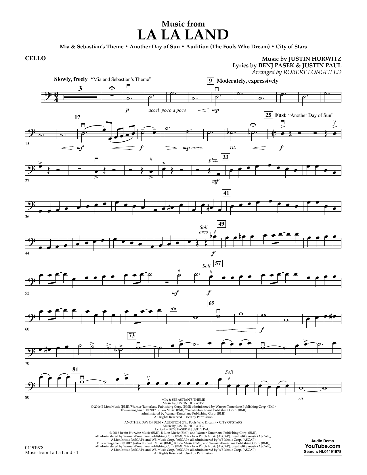 Robert Longfield Music from La La Land - Cello sheet music notes and chords arranged for Orchestra