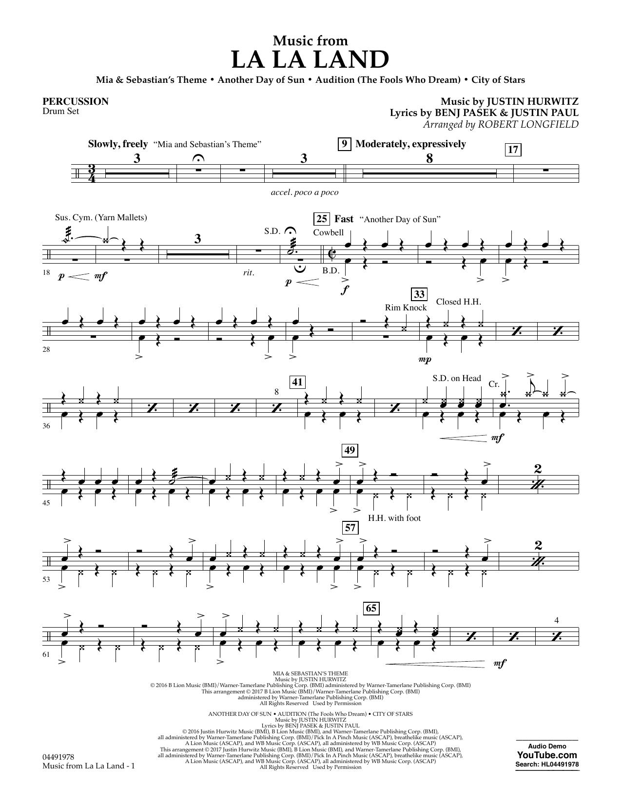 Robert Longfield Music from La La Land - Percussion sheet music notes and chords arranged for Orchestra