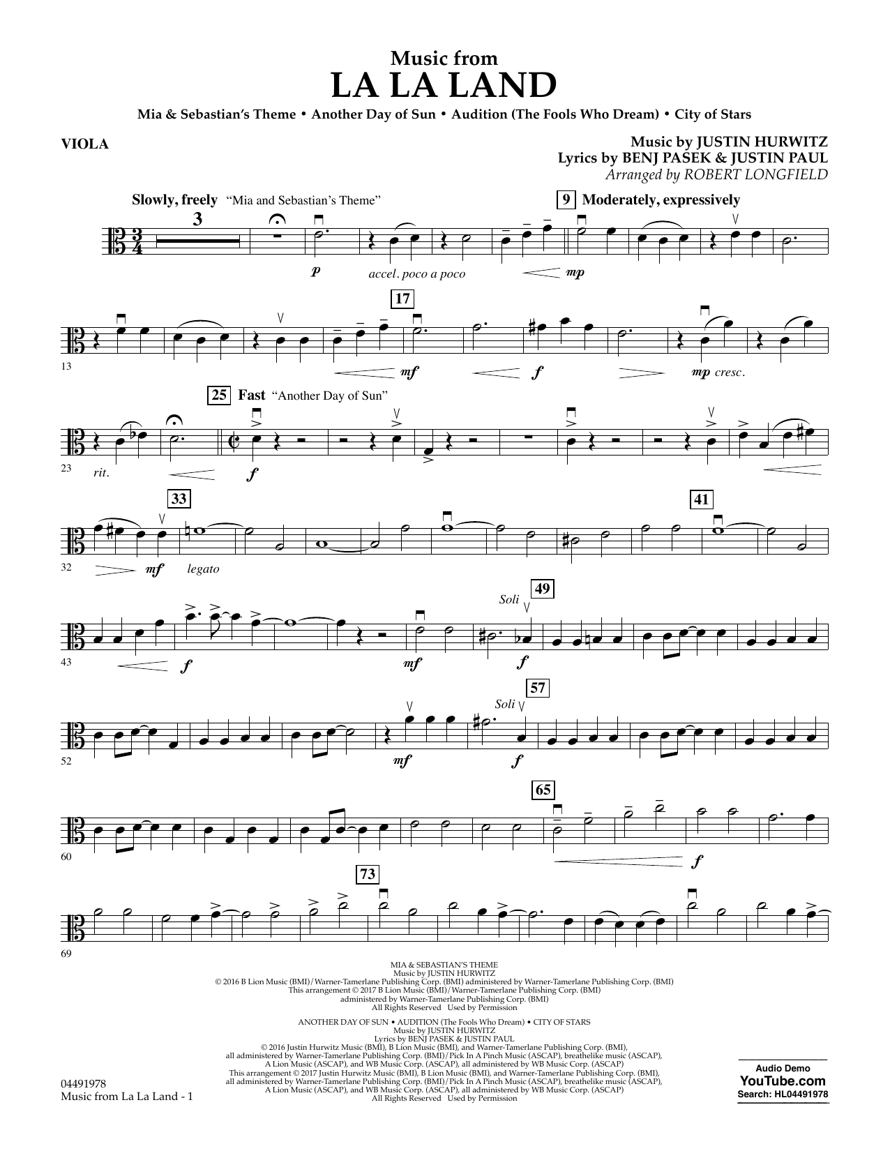 Robert Longfield Music from La La Land - Viola sheet music notes and chords arranged for Orchestra