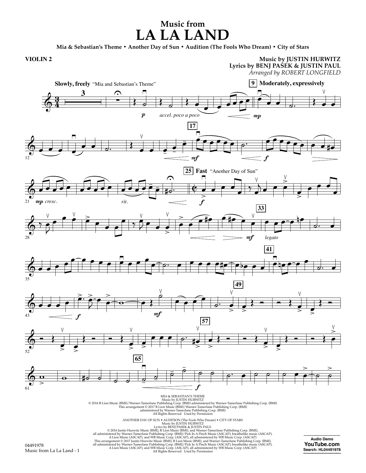 Robert Longfield Music from La La Land - Violin 2 sheet music notes and chords arranged for Orchestra