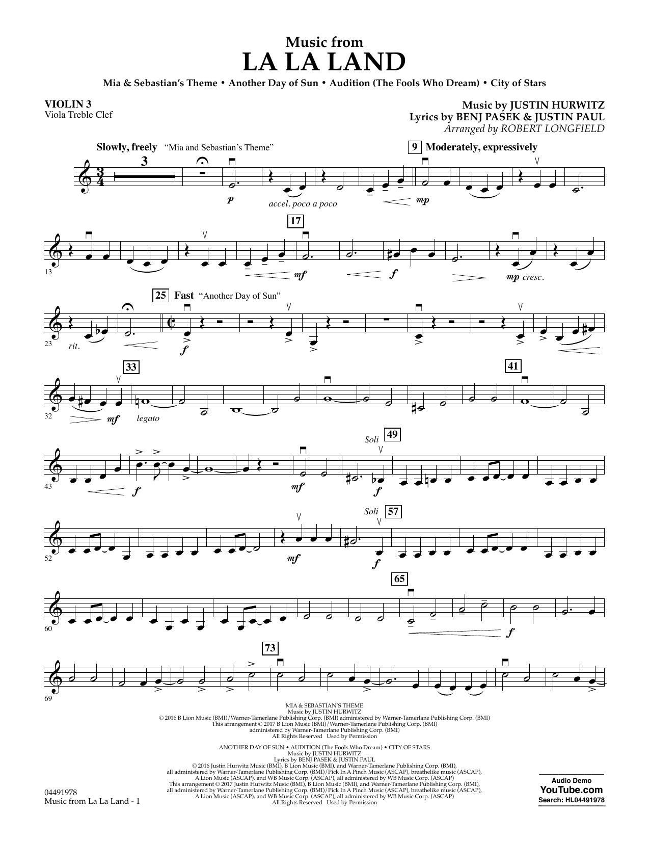 Robert Longfield Music from La La Land - Violin 3 (Viola Treble Clef) sheet music notes and chords arranged for Orchestra