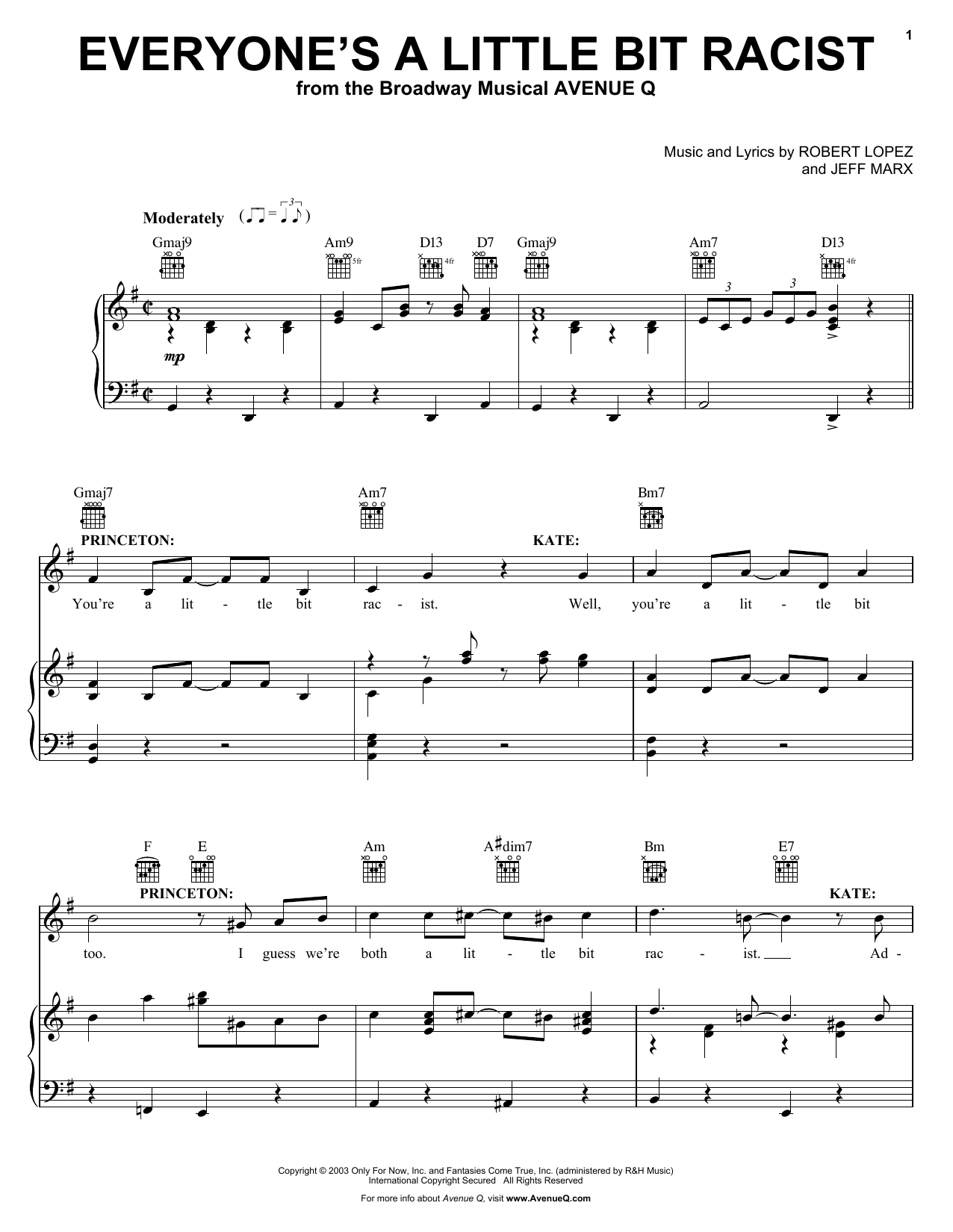 Robert Lopez & Jeff Marx Everyone's A Little Bit Racist (from Avenue Q) sheet music notes and chords arranged for Piano, Vocal & Guitar Chords (Right-Hand Melody)