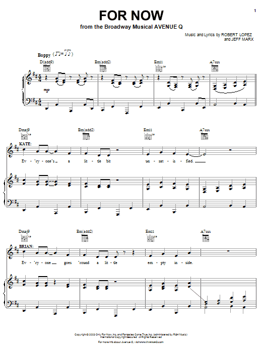 Robert Lopez & Jeff Marx For Now (from Avenue Q) sheet music notes and chords arranged for Piano & Vocal