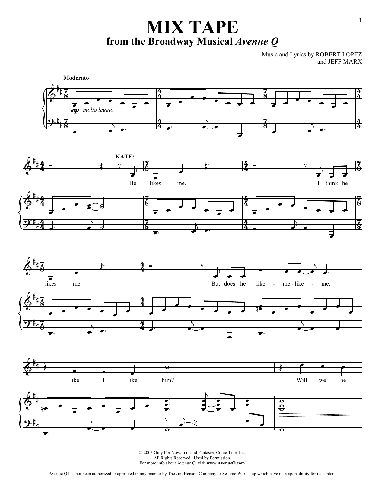 Robert Lopez & Jeff Marx Mix Tape (from Avenue Q) sheet music notes and chords arranged for Piano, Vocal & Guitar Chords (Right-Hand Melody)