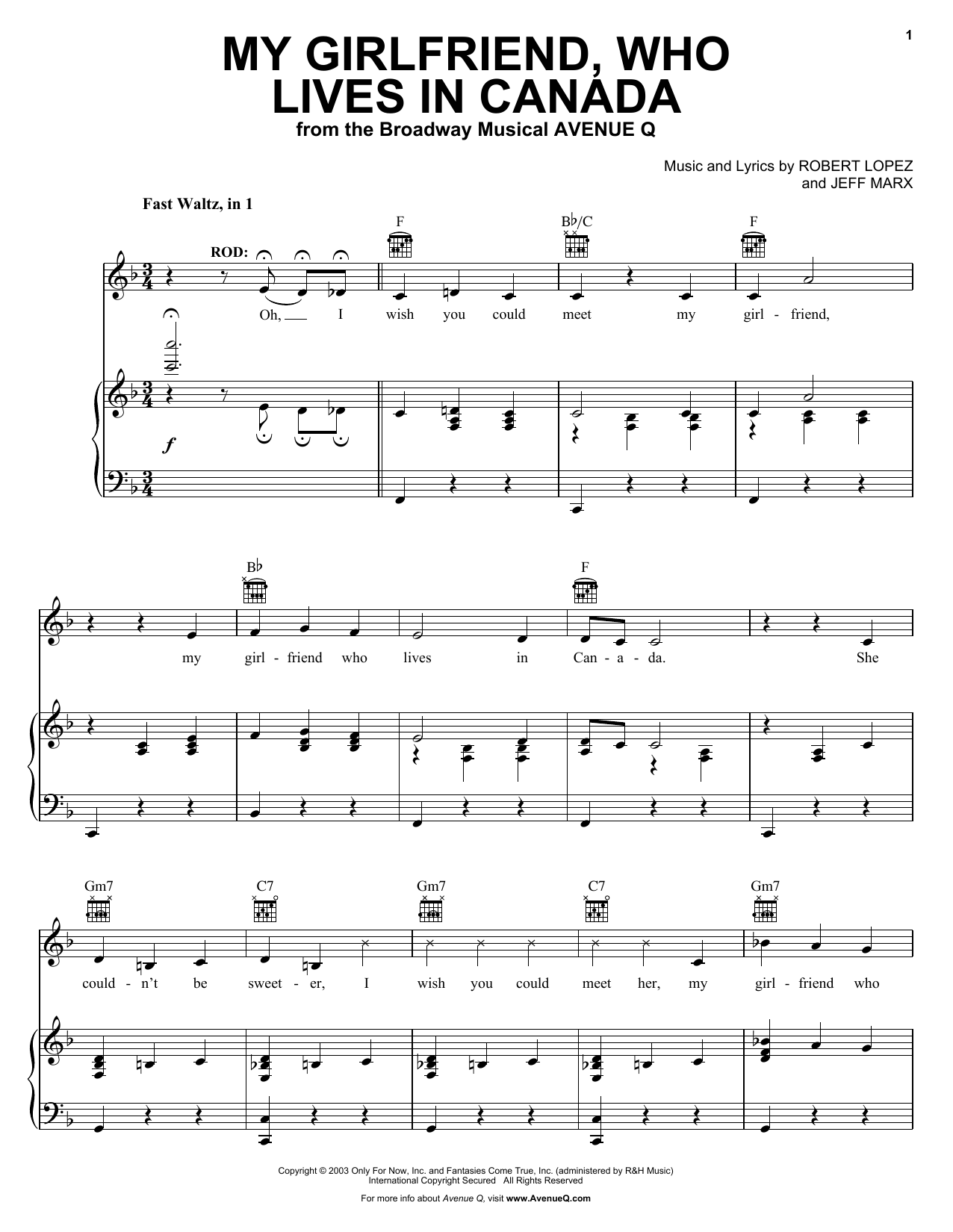 Robert Lopez & Jeff Marx My Girlfriend, Who Lives In Canada (from Avenue Q) sheet music notes and chords arranged for Piano, Vocal & Guitar Chords (Right-Hand Melody)
