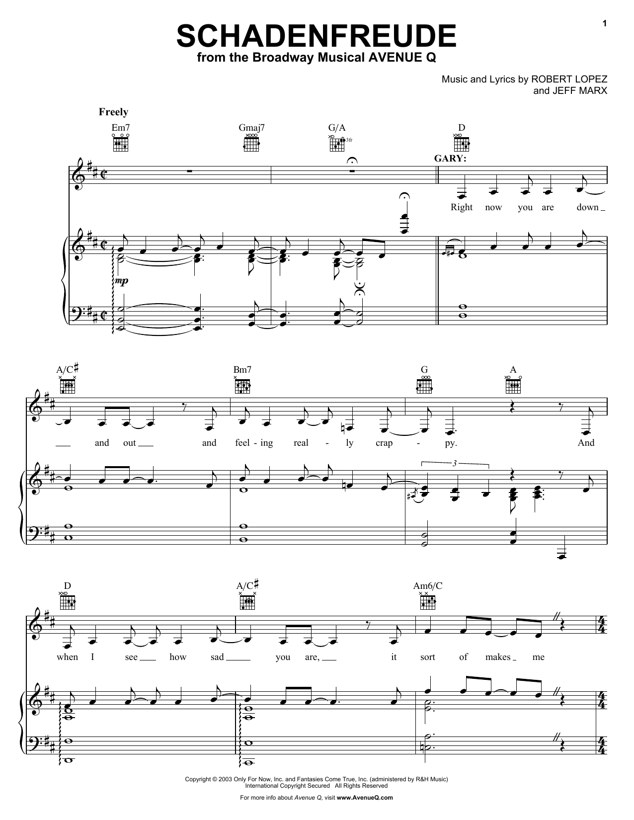Robert Lopez & Jeff Marx Schadenfreude (from Avenue Q) sheet music notes and chords arranged for Piano, Vocal & Guitar Chords (Right-Hand Melody)