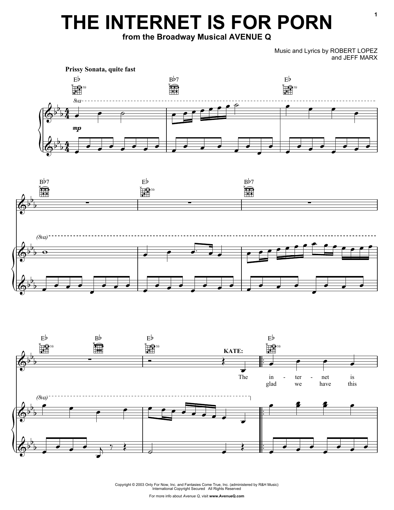Robert Lopez & Jeff Marx The Internet Is For Porn (from Avenue Q) sheet music notes and chords arranged for Piano & Vocal