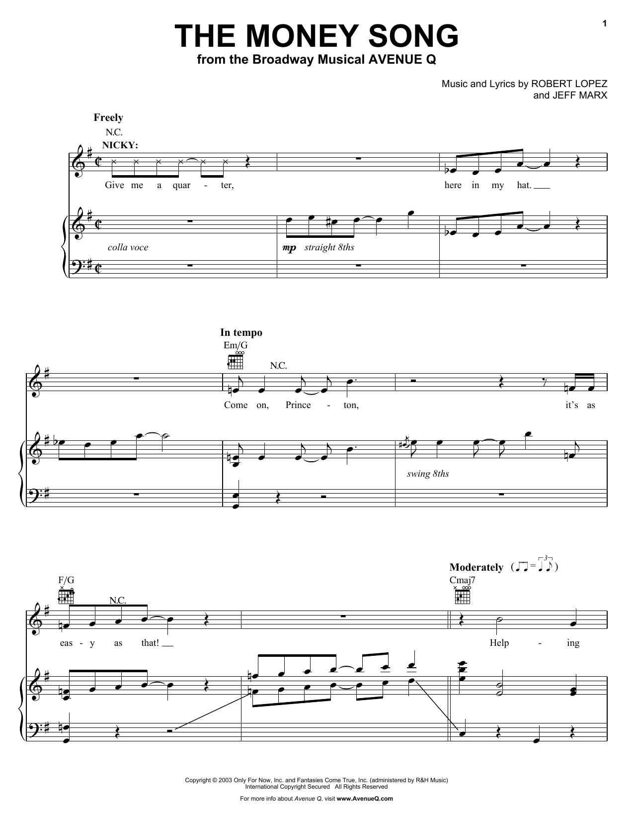 Robert Lopez & Jeff Marx The Money Song (from Avenue Q) sheet music notes and chords arranged for Piano, Vocal & Guitar Chords (Right-Hand Melody)