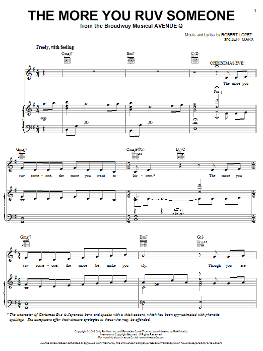 Robert Lopez & Jeff Marx The More You Ruv Someone (from Avenue Q) sheet music notes and chords arranged for Piano, Vocal & Guitar Chords (Right-Hand Melody)