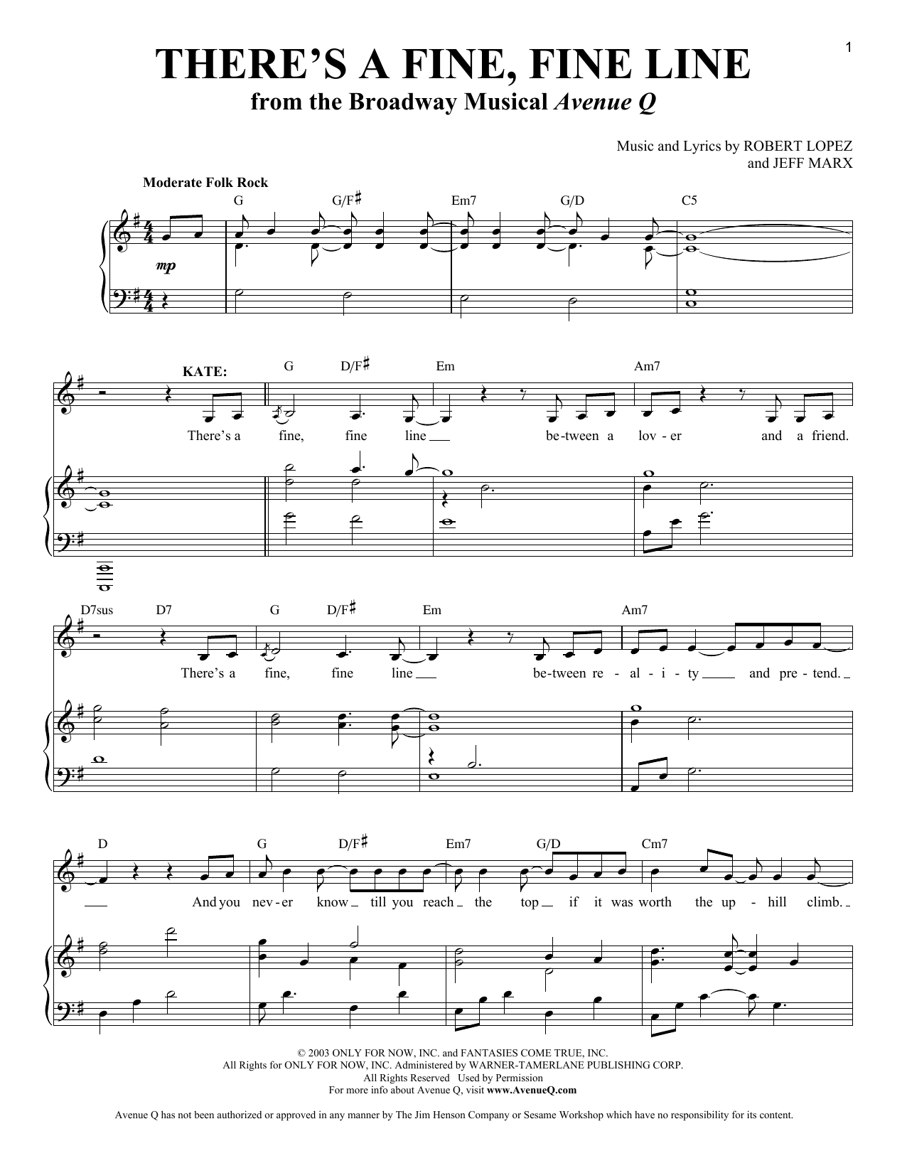 Robert Lopez & Jeff Marx There's A Fine, Fine Line (from Avenue Q) sheet music notes and chords arranged for Very Easy Piano