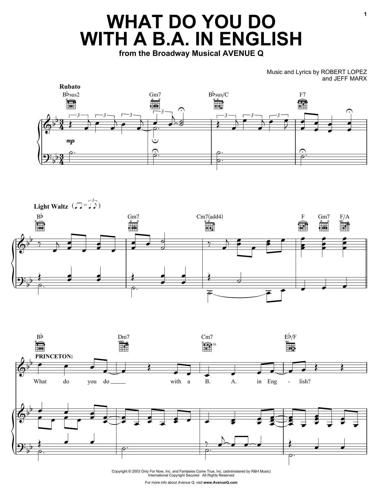 Robert Lopez & Jeff Marx What Do You Do With A B.A. In English (from Avenue Q) sheet music notes and chords arranged for Piano, Vocal & Guitar Chords (Right-Hand Melody)