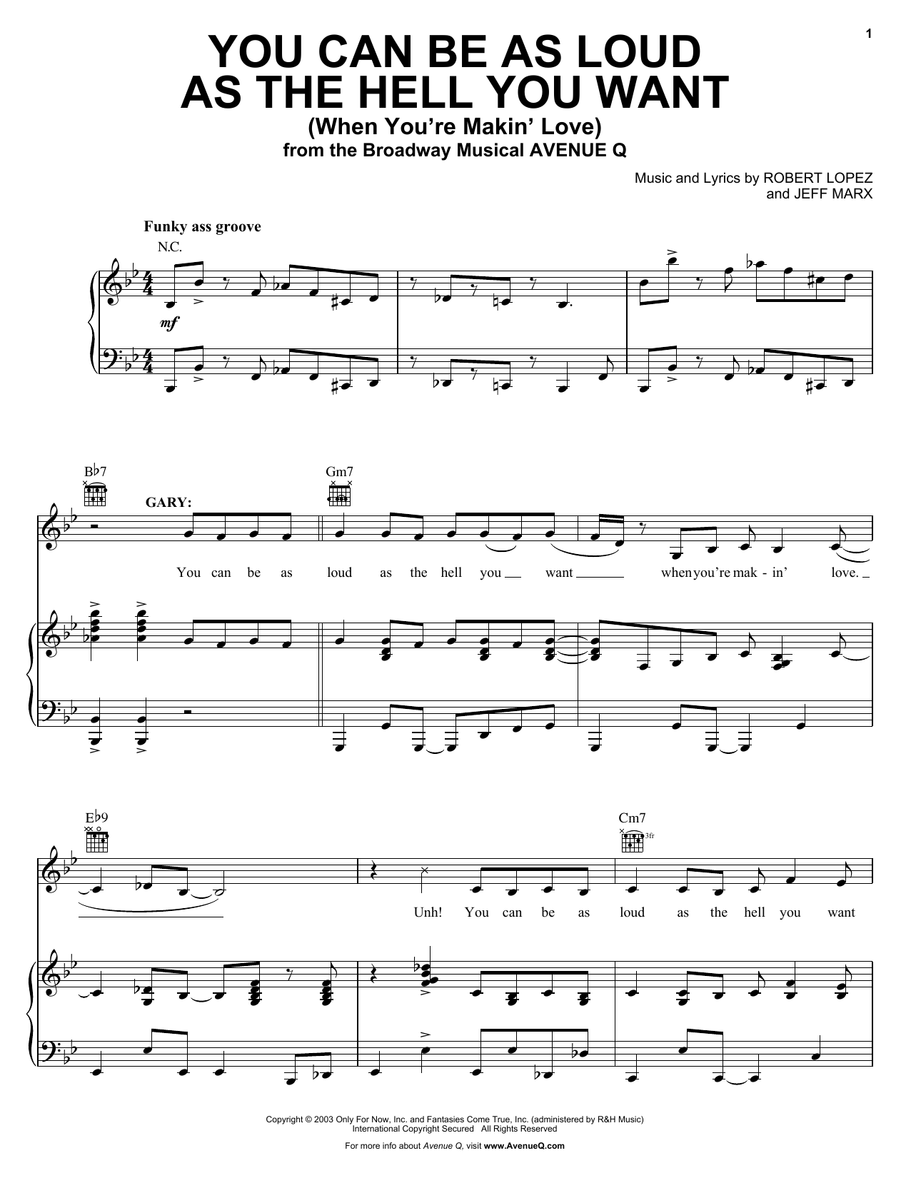 Robert Lopez & Jeff Marx You Can Be As Loud As The Hell You Want (When You're Makin' Love) (from Avenue Q) sheet music notes and chords arranged for Piano, Vocal & Guitar Chords (Right-Hand Melody)