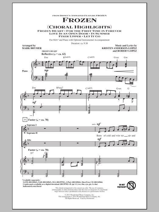 Robert Lopez Frozen (Choral Highlights) (arr. Mark Brymer) sheet music notes and chords arranged for SSA Choir