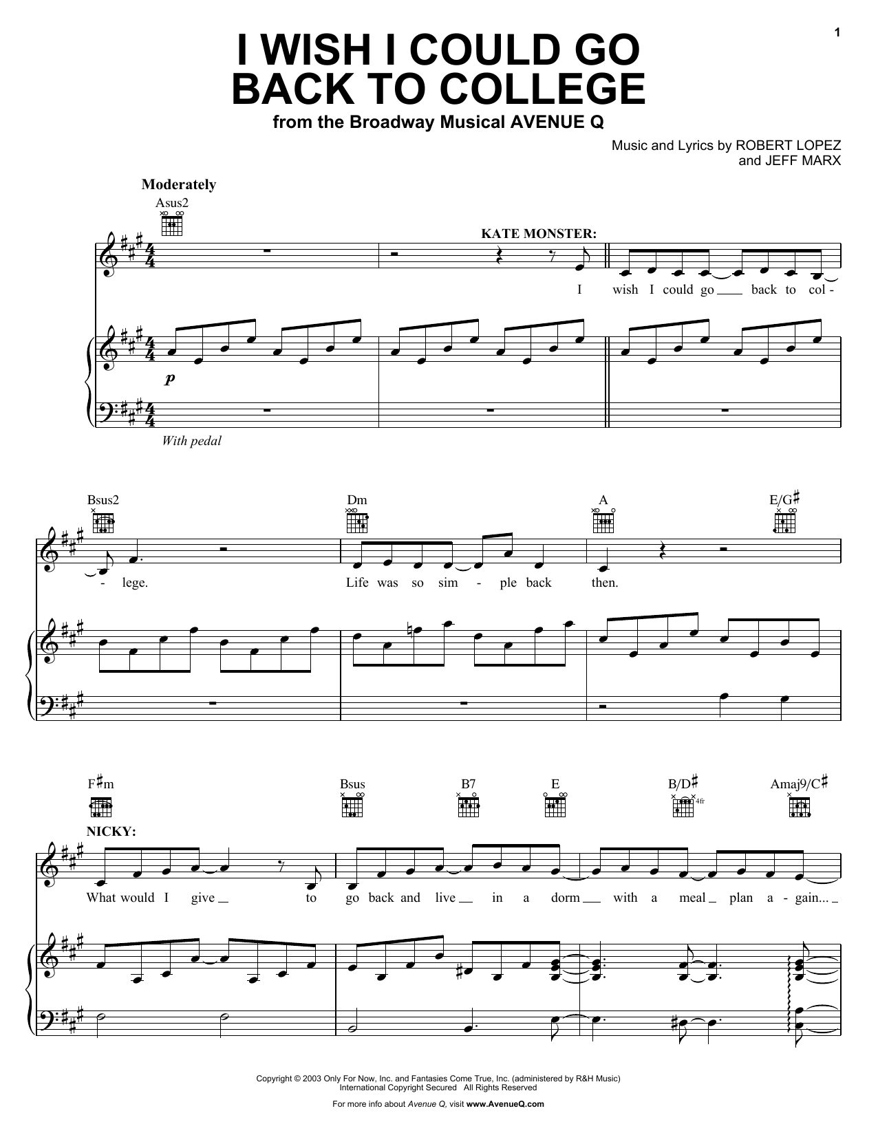 Robert Lopez I Wish I Could Go Back To College sheet music notes and chords arranged for Piano & Vocal