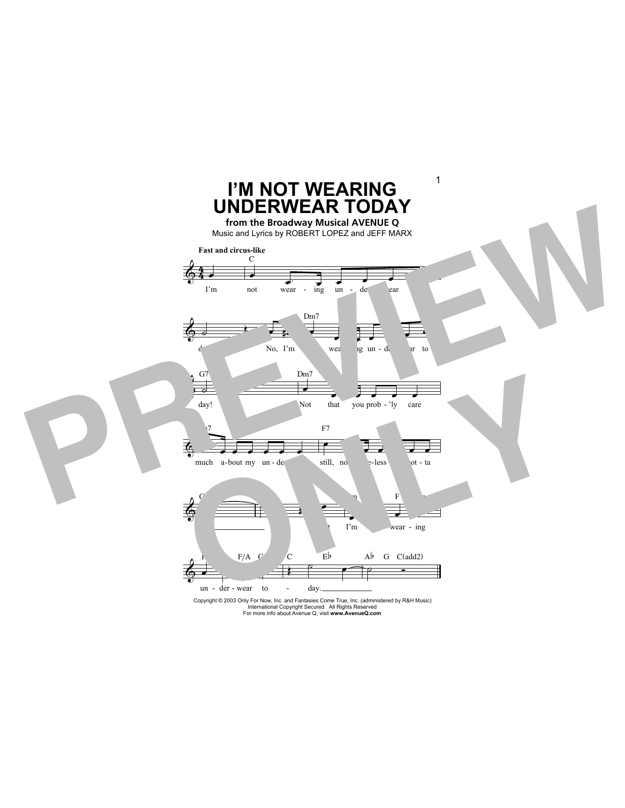 Robert Lopez I'm Not Wearing Underwear Today sheet music notes and chords arranged for Lead Sheet / Fake Book