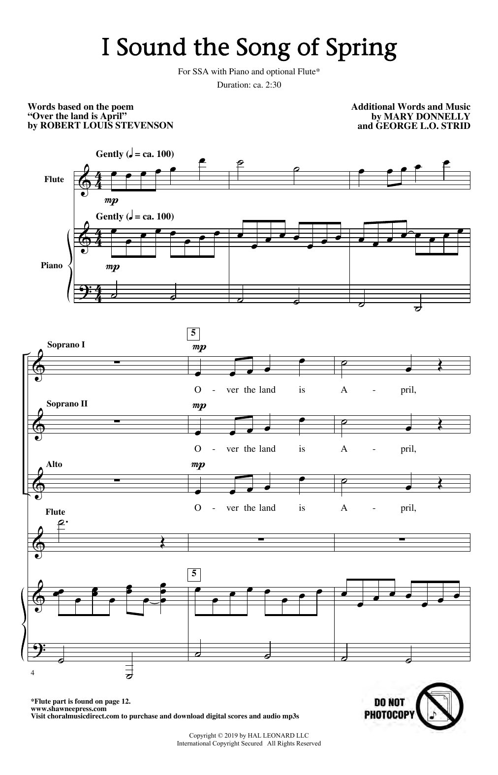 Robert Louis Stevenson I Sound The Song Of Spring sheet music notes and chords arranged for SSA Choir