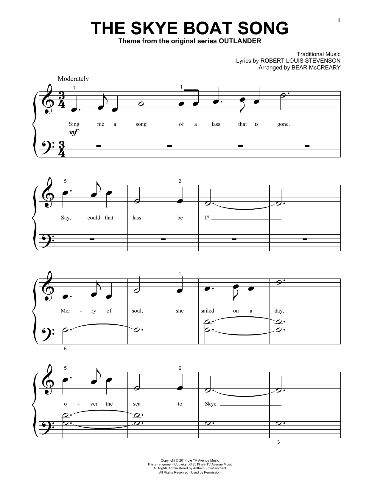 Robert Louis Stevenson The Skye Boat Song (from Outlander) (arr. Bear McCreary) sheet music notes and chords arranged for Big Note Piano