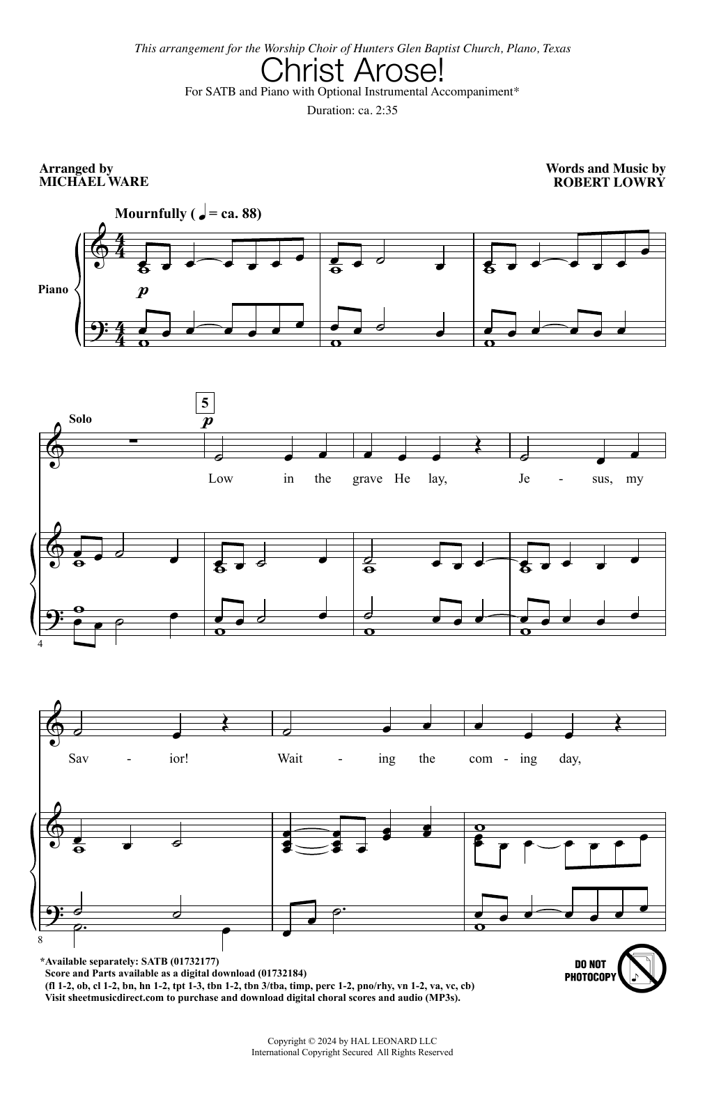 Robert Lowry Christ Arose (arr. Michael Ware) sheet music notes and chords arranged for SATB Choir