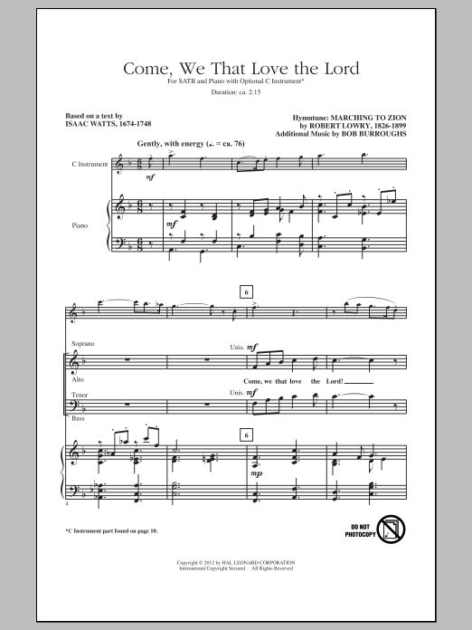 Robert Lowry Come, We That Love The Lord sheet music notes and chords arranged for SATB Choir