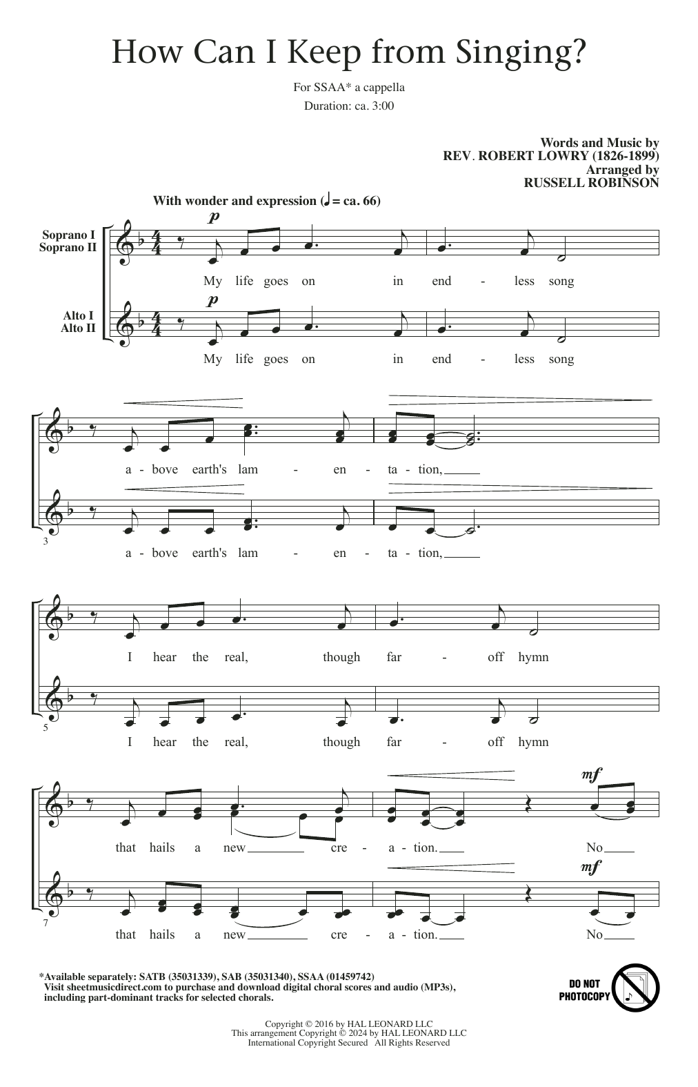 Robert Lowry How Can I Keep From Singing? (arr. Russell Robinson) sheet music notes and chords arranged for SSAA Choir