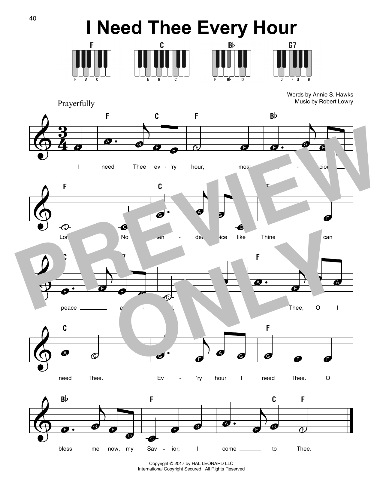 Robert Lowry I Need Thee Every Hour sheet music notes and chords arranged for Super Easy Piano