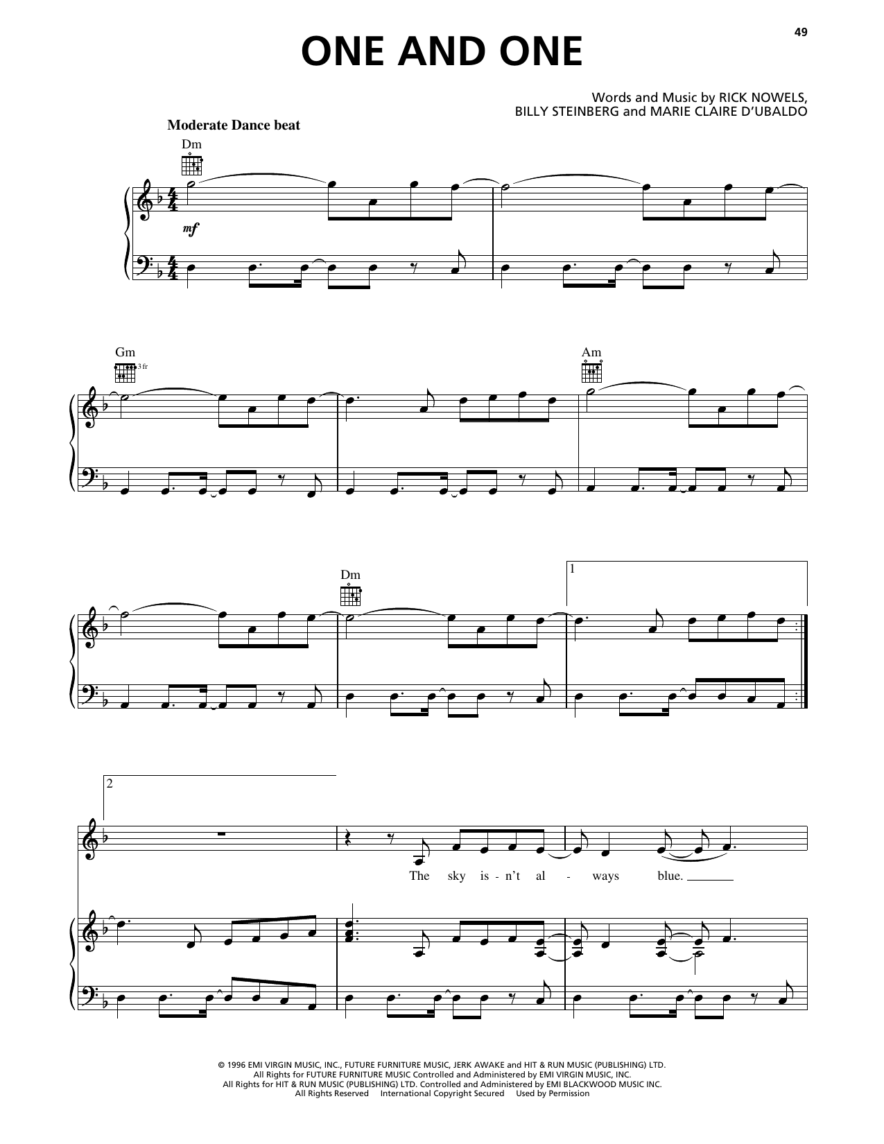 Robert Miles One & One (feat. Maria Naylor) sheet music notes and chords arranged for Piano, Vocal & Guitar Chords (Right-Hand Melody)